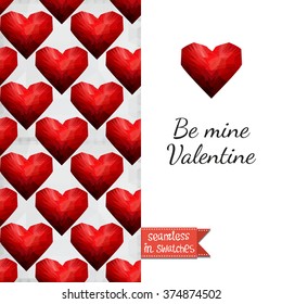 Double sided romantic valentines greeting card for Valentine day invitation with heart and red seamless pattern background, icon and lettering: be mine valentine. Seamless pattern in swatches
