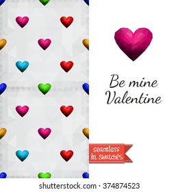 Double sided romantic valentines greeting card for Valentine day invitation with valentine heart and passion seamless pattern background and lettering: be mine valentine. Seamless pattern in swatches