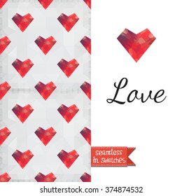 Double sided romantic valentines greeting card for Valentine day invitation with warm pink heart and passion seamless pattern background, icon and lettering: love. Seamless pattern in swatches