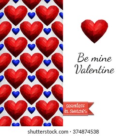 Double sided romantic valentines greeting card for Valentine day invitation with deep blue heart and passion seamless pattern background and lettering: be mine valentine. Seamless pattern in swatches