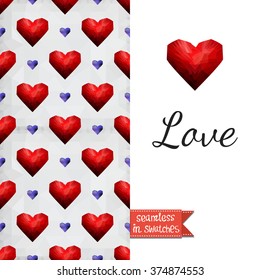 Double sided romantic valentines greeting card for Valentine day invitation with purple heart and passion seamless pattern background, icon and lettering: love. Seamless pattern in swatches