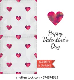 Double sided romantic valentines greeting card Valentine day invitation with pink heart and passion seamless pattern background, icon and lettering: happy Valentine's day. Seamless pattern in swatches
