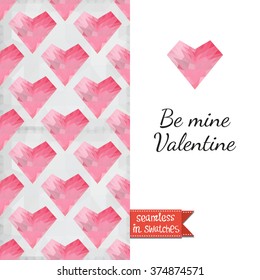 Double sided romantic valentines greeting card for Valentine day invitation with soft heart and passion seamless pattern background, icon and lettering: be mine valentine. Seamless pattern in swatches