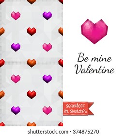 Double sided romantic valentines greeting card Valentine day invitation with purple heart and passion seamless pattern background, icon and lettering: be mine valentine. Seamless pattern in swatches