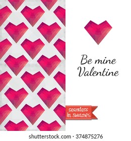 Double sided romantic valentines greeting card Valentine day invitation with lowpoly heart and passion seamless pattern background, icon and lettering: be mine valentine. Seamless pattern in swatches