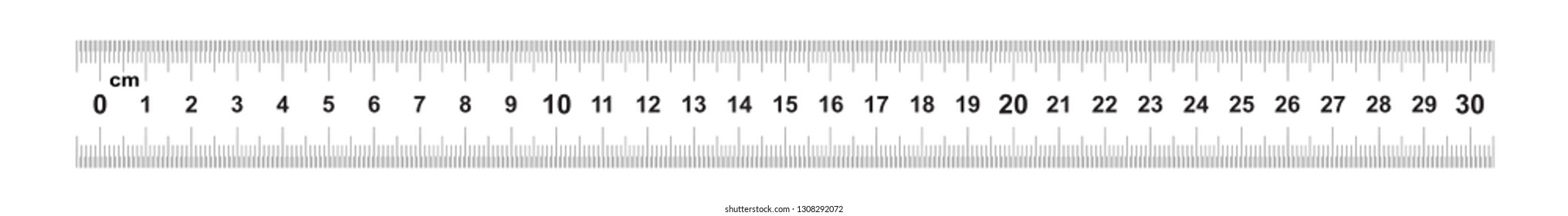 Double sided Ruler 30 centimeter or 300 mm. Value of division 0.5 mm. Precise length measurement device. Calibration grid