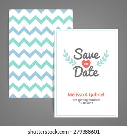 Double sided Save the Date card with Chevron background, heart and branches in Red, Blue, White and Turquoise. Vector wedding invitation. Size is equivalent to 5 ? 7 inches card