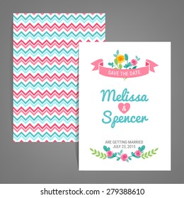 Double sided Save the Date card with Chevron background, heart, ribbon and bouquet in Blue, Green and Pink. Vector wedding invitation. Size is equivalent to 5 ? 7 inches card