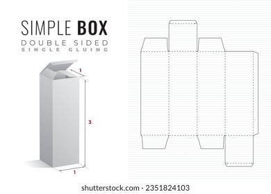 Double Sided Simple Packaging Box Die Cut Triple Height Template with 3D Preview -  Black Blueprint Layout with Cutting and Scoring Lines on Background - Vector Draw Design