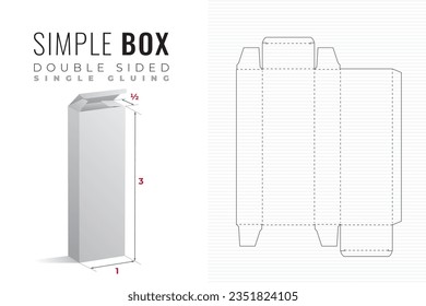 Double Sided Simple Packaging Box Die Cut Half Length Triple Height Template with 3D Preview - Black Blueprint Layout with Cutting and Scoring Lines on Background - Vector Draw Design