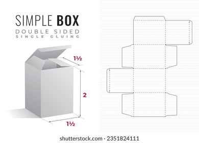 Double Sided Simple Packaging Box Die Cut One and a Half Length Double Height Template with 3D Preview - Black Blueprint Layout with Cutting and Scoring Lines - Vector Draw Design