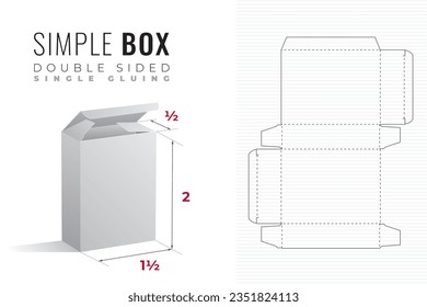 Double Sided Simple Packaging Box Die Cut One and a Half Width Double Height and Half Length Template with 3D Preview - Blueprint Layout with Cutting and Scoring Lines - Vector Draw Design