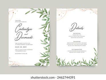Double sided template wedding invitation set with watercolor foliage decoration