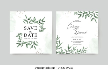 Double sided template wedding invitation with green leaves