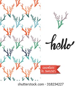 Double sided vintage autumn celebration greeting card with simple and branch pattern background on back side and lettering: hello, on front side. Seamless pattern in swatches.