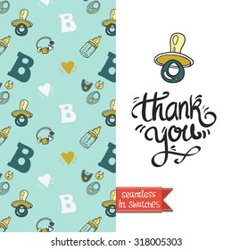 Double sided vintage greeting card for newborn baby shower party with birth and birthday pattern background on back side and lettering on front side. Seamless pattern in swatches.