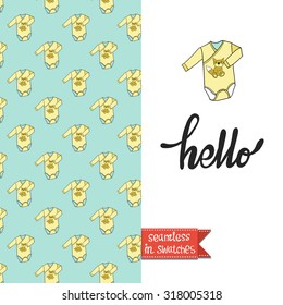 Double sided vintage greeting card for newborn baby shower party with greeting and sweet pattern background on back side and lettering on front side. Seamless pattern in swatches.
