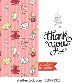 Double sided vintage greeting card for newborn baby girl shower party with toy and elephant pattern on back side and icon and lettering: thank you, on front side. Seamless pattern in swatches.