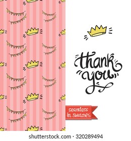 Double sided vintage greeting card for newborn baby girl shower party with fabric and pennant seamless pattern background and icon and lettering: thank you. Seamless pattern in swatches