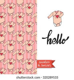 Double sided vintage greeting card for newborn baby girl shower party with bodysuit and fox seamless pattern background and icon and lettering: hello. Seamless pattern in swatches