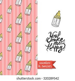 Double sided vintage greeting card for newborn baby girl shower party with baby bottle and birth seamless pattern background and icon and lettering: you make me happy. Seamless pattern in swatches