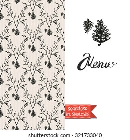 Double sided vintage greeting card for forest autumn rustic wedding party with cone and pine seamless pattern background, icon and lettering: menu. Seamless pattern in swatches
