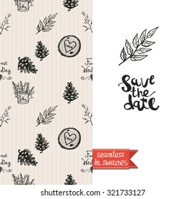 Double sided vintage greeting card for forest autumn rustic wedding party with bouquet and branch seamless pattern background, icon and lettering: save the date. Seamless pattern in swatches