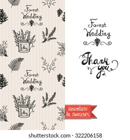 Double sided vintage greeting card for forest autumn rustic wedding party with bouquet and branch seamless pattern background, icon and lettering: Thank you. Seamless pattern in swatches
