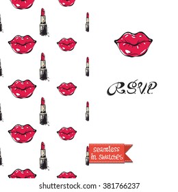 Double sided vintage greeting card for forest autumn rustic wedding party with red lip and lip seamless pattern background, icon and lettering: rsvp. Seamless pattern in swatches