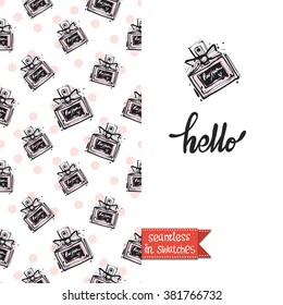 Double sided vintage greeting card for forest autumn rustic wedding party with perfume and parfume seamless pattern background, icon and lettering: hello. Seamless pattern in swatches
