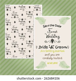 Double sided vintage invitation card for wedding party with forest and pine pattern background. Seamless pattern in swatches. The A6 format card.