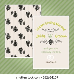 Double sided vintage invitation card for wedding party with cone and pine pattern background. Seamless pattern in swatches. The A6 format card.