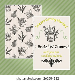 Double sided vintage invitation card for wedding party with bouquet and branch pattern background. Seamless pattern in swatches. The A6 format card.