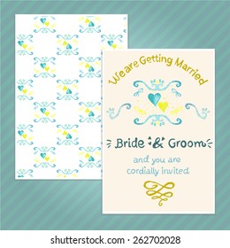 Double sided vintage invitation card for wedding party with heart and divider pattern background. Seamless pattern in swatches. The A6 format card.