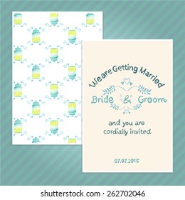 Double sided vintage invitation card for wedding party with dispenser and lemonade pattern background. Seamless pattern in swatches. The A6 format card.
