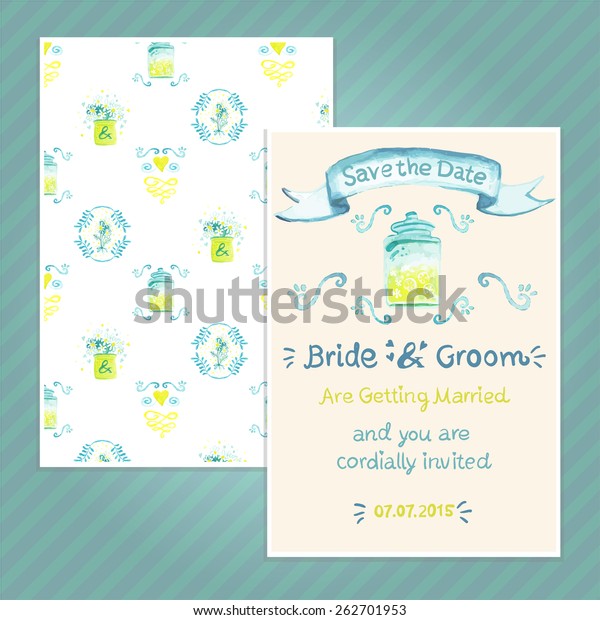 Double sided vintage invitation card for\
wedding party with dispenser and lemonade pattern background.\
Seamless pattern in swatches. The A6 format\
card.