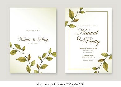 double sided wedding invitation with gold leaves watercolor digital painting