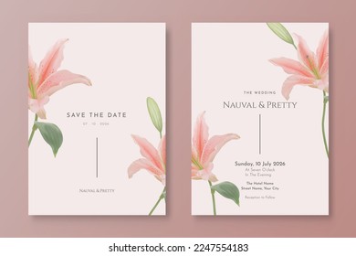 double sided wedding invitation with lily flowers watercolor digital painting