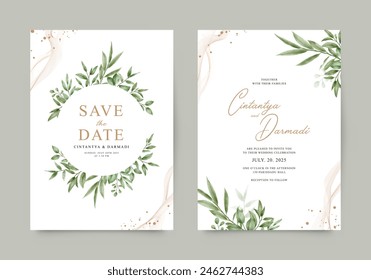 Double sided wedding invitation set with green leaves