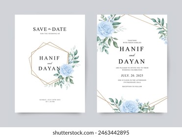 Double sided wedding invitation set with geometric watercolor floral frame