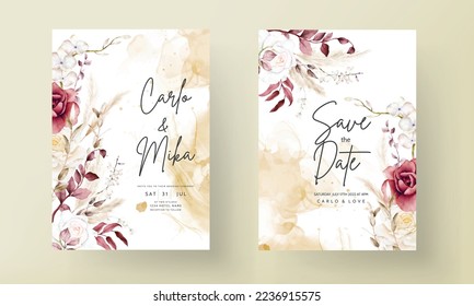 Double sided wedding invitation template with boho watercolor flower