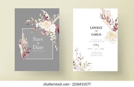 Double sided wedding invitation template with boho watercolor flower