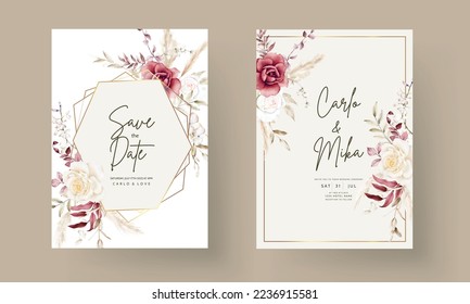 Double sided wedding invitation template with boho watercolor flower