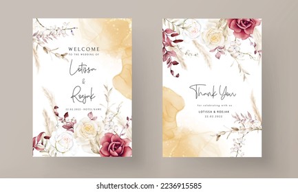 Plantilla de invitación de boda de doble cara con flor de acuarela boho