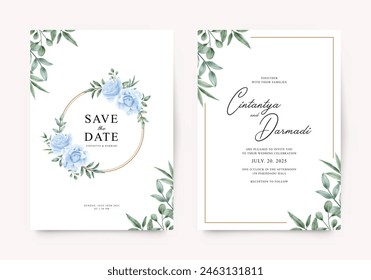 Double sided wedding invitation template with blue roses and leaves