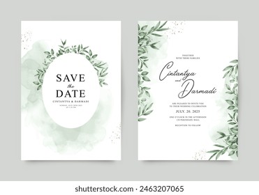 Double sided wedding invitation template with green leaves