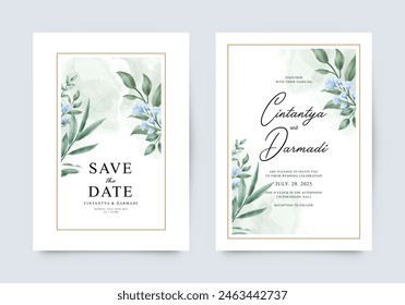 Double sided wedding invitation template set with blue flowers and green leaves