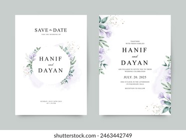 Double sided wedding invitation template with purple flowers and green leaves