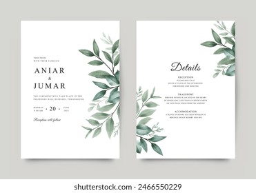 Double sided wedding invitation template with watercolor foliage