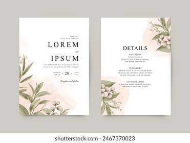 Double sided wedding invitation template with watercolor leaves